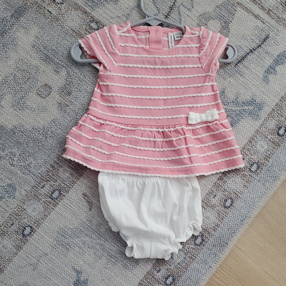 Janie and Jack Baby Girls Scalloped Striped Matching Set in peony stripe sz0-3m